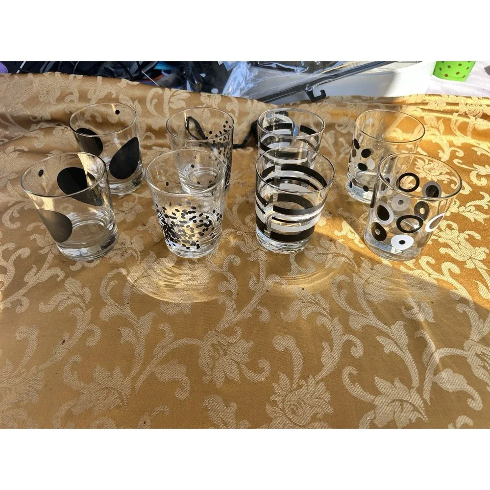 Set of 8 IKEA Lowball Glasses Black White Pattern Mixed Modern Rocks‎ Tumblers